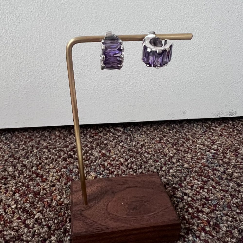 Lilac purple crystal silver tone huggie earrings dainty small lightweight
